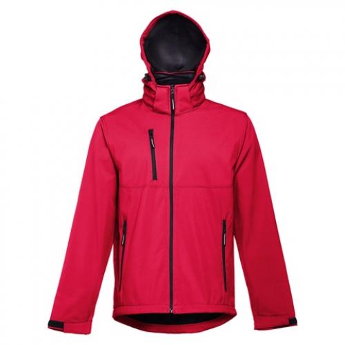 Mens softshell jacket with detachable hood and rounded back hem. Red. S Thc zagreb ii