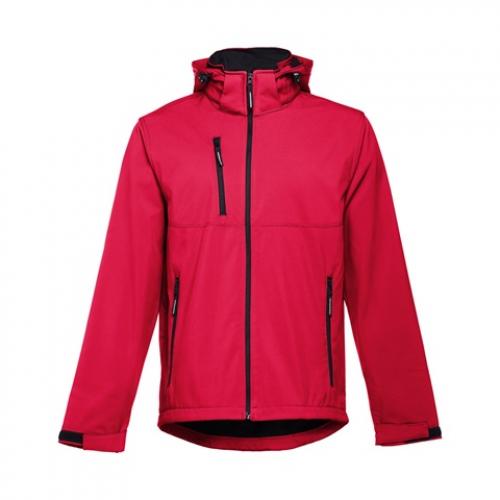 Mens softshell jacket with detachable hood and rounded back hem. Red. S Thc zagreb ii